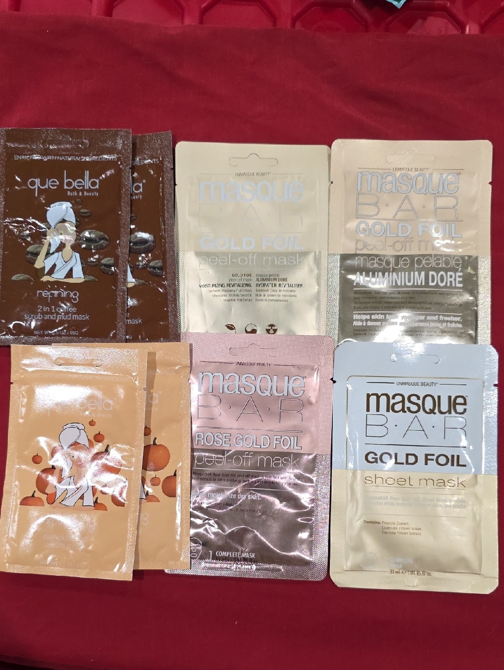 Gold & Rose Gold Foil Facial Mask Set - Skincare Que Bella Masks, 8 Piece Bundle